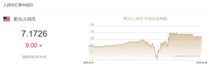 2月25日人民币对美元中间价报7.1726元 下调9个基点